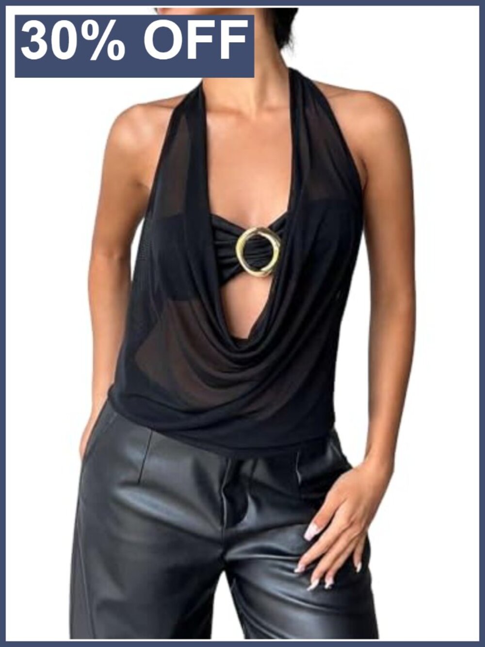 Sheer Mesh Draped Halter Top Y2K Cowl Neck Rave Festival Tank